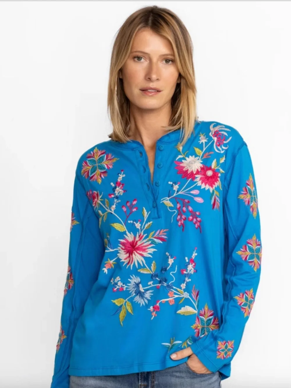 JOHNNY WAS JULIE RAW SEAM HENLEY (TEAL) in Size Large - Picture 3 of 6